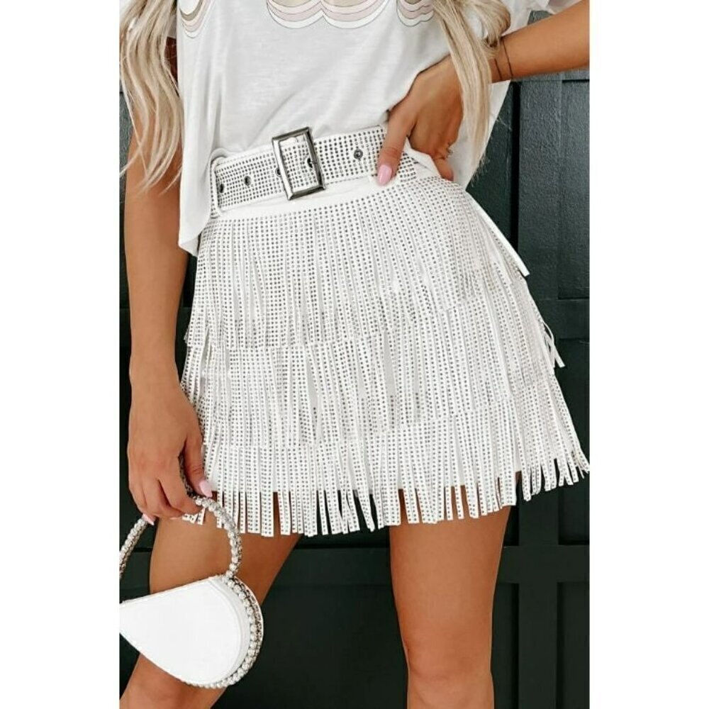 *PLUS ONLY* Spotlight Stealer Rhinestone Fringe Mini Skort Off White - Picture 3 of 10